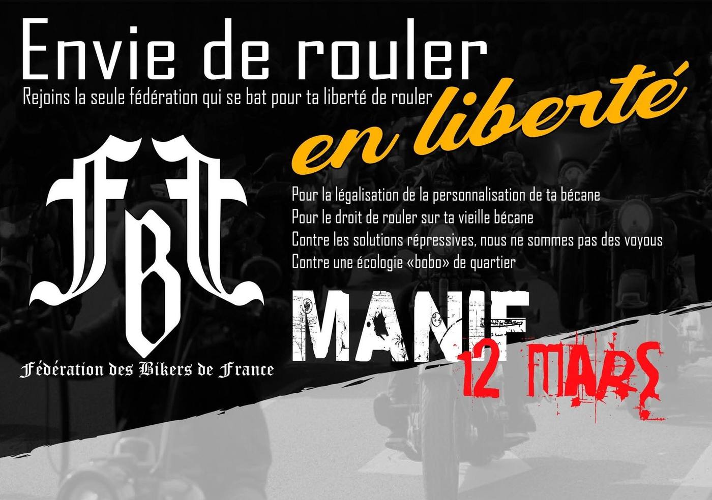 Affiche : Envie de rouler en liberté : manif du 12 mars 2022