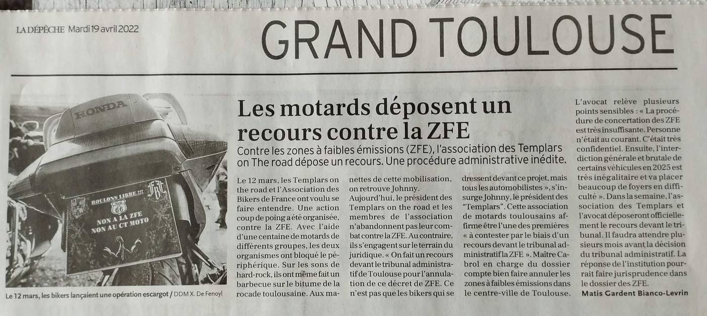 Article de presse : les motards déposent un recours contre la ZFE de Toulouse